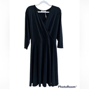 Women’s sz 26 Nemidor black stretchy flare skirt faux wrap front midi dress NEW